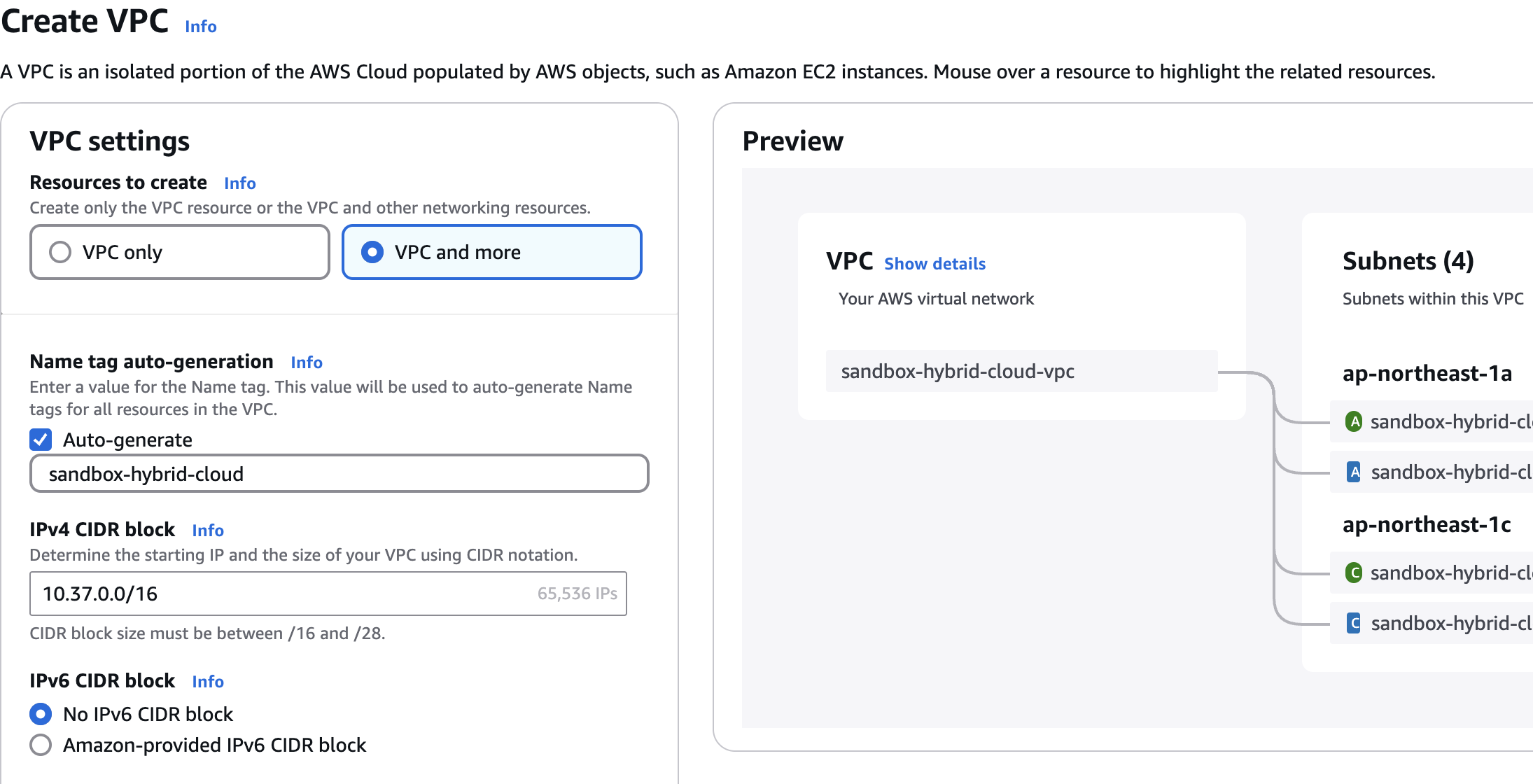 Screenshot of the AWS console's Create VPC page showing setup for a sandbox-hybrid-cloud VPC, including VPC and subnet configuration, name tag auto-generation, and CIDR block options.