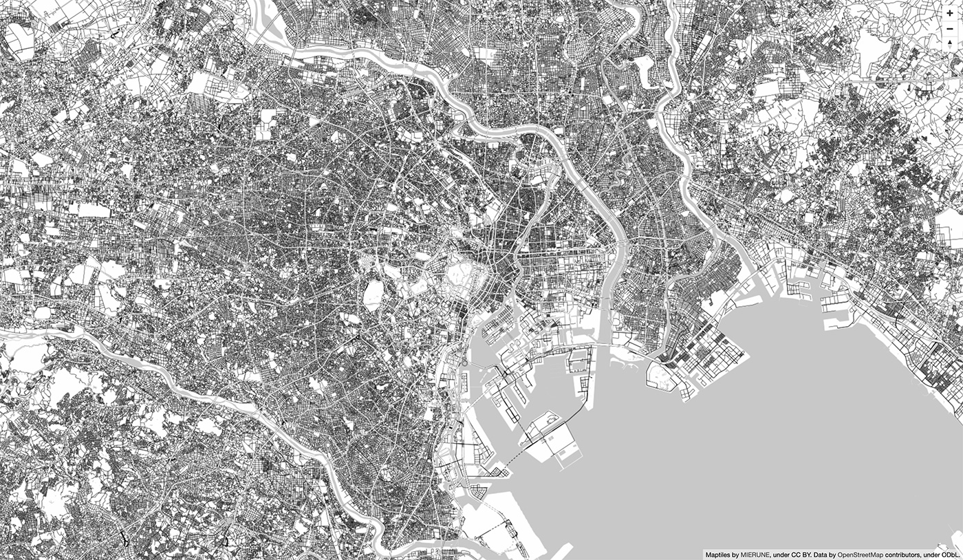 A highly detailed black and white map illustration showing the city layout, streets, and waterways of Tokyo, Japan.