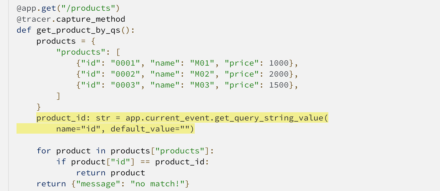 Screenshot of a Python code snippet demonstrating usage of AWS Lambda Powertools to handle product queries by query string, showing a function 'get_product_by_qs' which retrieves products based on a product ID from the query string.