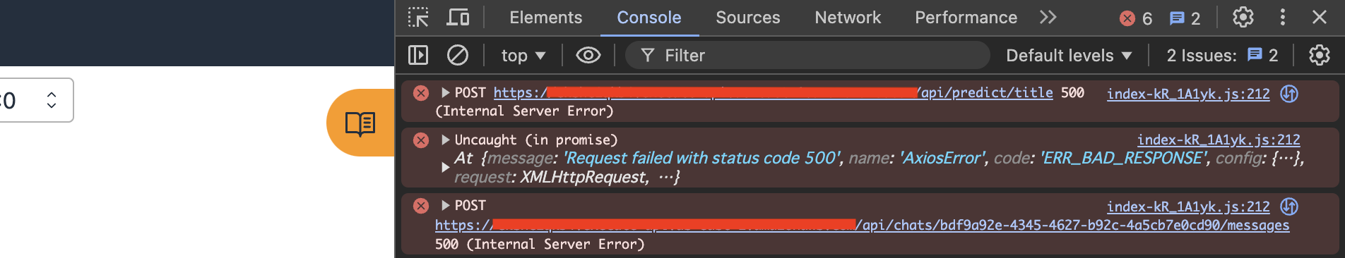 Screenshot of a browser developer console showing multiple error messages, including POST 500 (Internal Server Error) responses and an uncaught AxiosError with 'Request failed with status code 500'. The console is open in the Console tab, with URLs redacted for privacy.