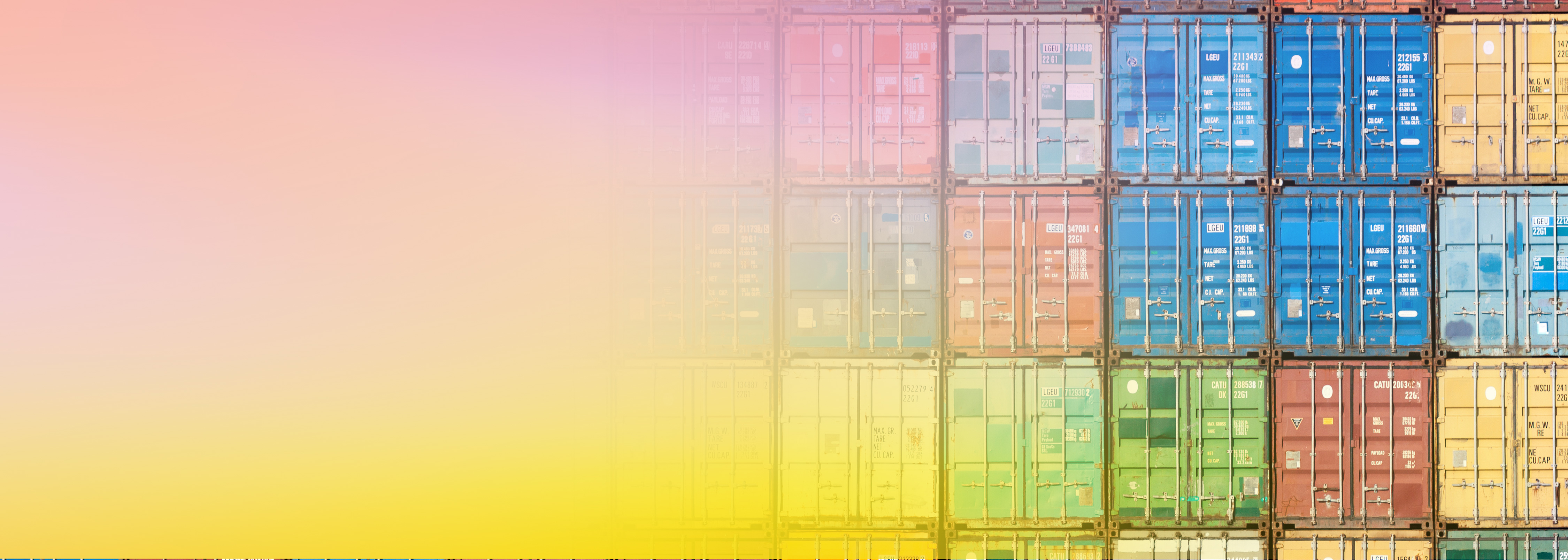 A photo showing rows of colorful stacked shipping containers, partially covered with a pastel gradient overlay from pink to yellow, with space for text on the left.