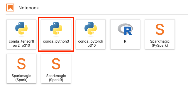 Screenshot of the Jupyter Notebook kernel selection interface showing various available kernels, including conda_python3, conda_tensorflow2_p310, conda_pytorch_p310, R, Sparkmagic (PySpark), Sparkmagic (Spark), and Sparkmagic (SparkR). The conda_python3 kernel is highlighted with a red box.