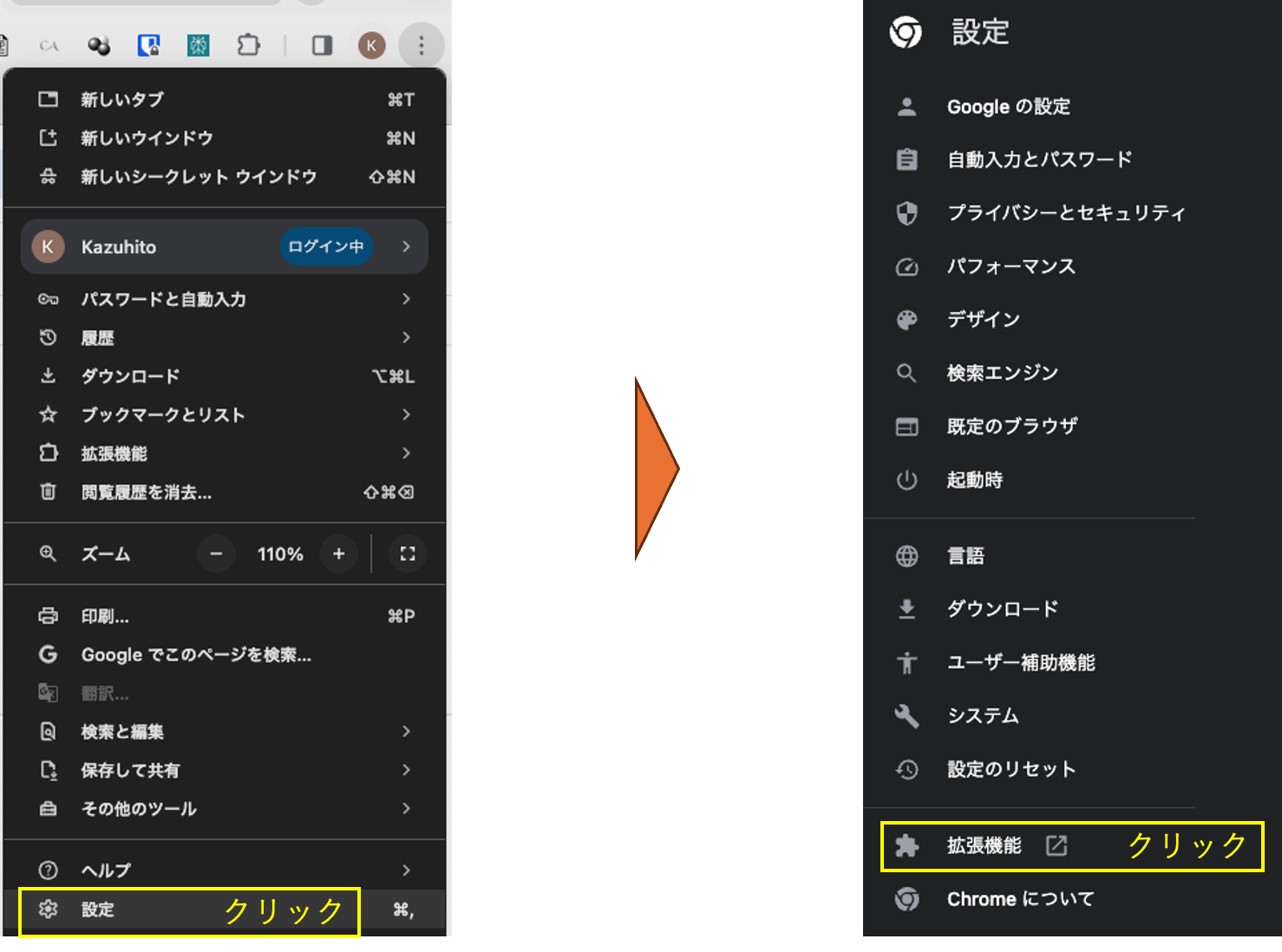 Side-by-side images showing instructions in Japanese for navigating to the settings and extensions menu in Google Chrome. The left side shows the Chrome menu with the 'Settings' option highlighted, and the right side shows the settings menu with the 'Extensions' option highlighted. Yellow boxes indicate which buttons to click.