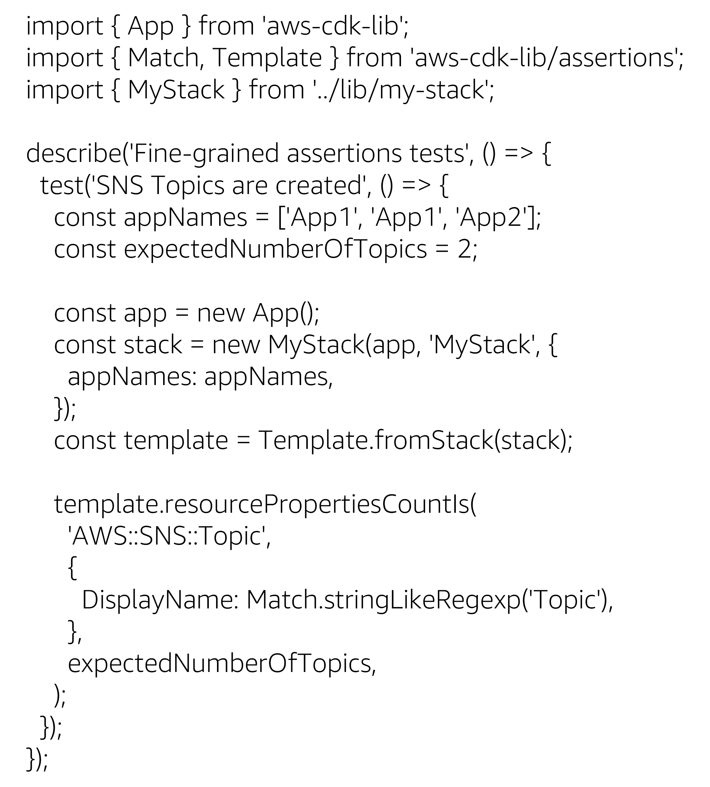 Screenshot of code demonstrating a unit test for AWS Cloud Development Kit (CDK) using fine-grained assertions to check creation and properties of SNS Topics in a stack with imported modules from 'aws-cdk-lib', 'aws-cdk-lib/assertions', and a custom stack.
