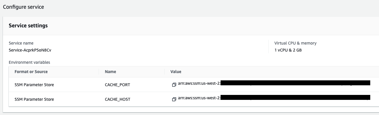 Screenshot of the AWS App Runner 'Configure service' screen for a Spring Boot application deployed with CDK. Shows service settings, including environment variables sourced from SSM Parameter Store for CACHE_PORT and CACHE_HOST, and allocated virtual CPU and memory (1 vCPU & 2 GB).