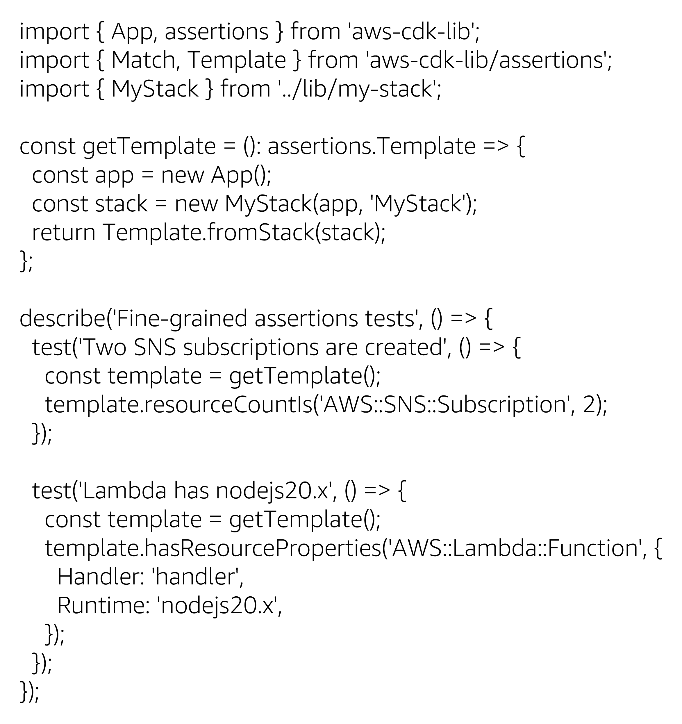 Screenshot of TypeScript code showing AWS Cloud Development Kit (CDK) unit tests for fine-grained assertions, including tests for SNS subscription count and Lambda runtime configuration with nodejs20.x.