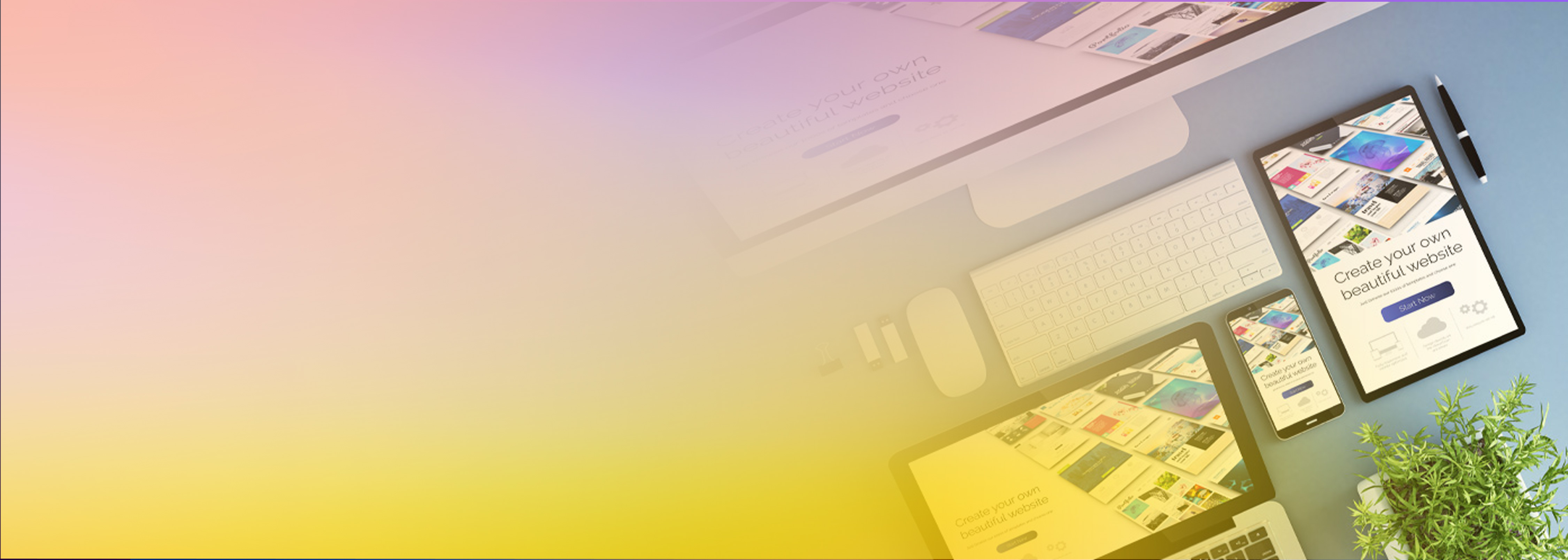 A flat lay image featuring a variety of digital devices (desktop monitor, tablet, laptop, smartphone) displaying a website with the headline 'Create your own beautiful website', alongside a keyboard, pen, and plant, with a pastel gradient overlay. Represents responsive web design and CSS generation from Figma.