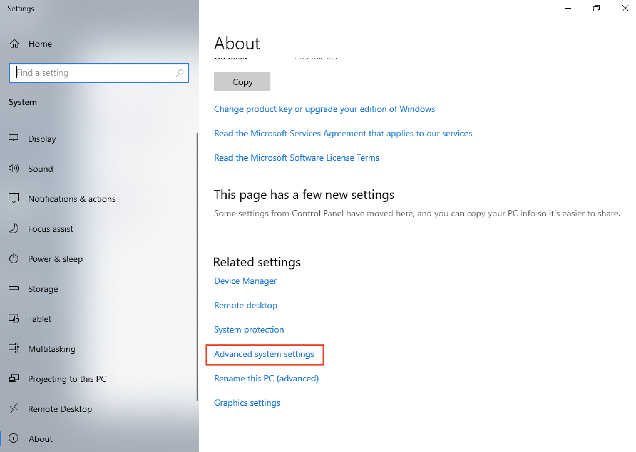 Screenshot of the Windows 10 Settings window displaying the System menu and highlighting 'Advanced system settings' under Related settings on the About page.