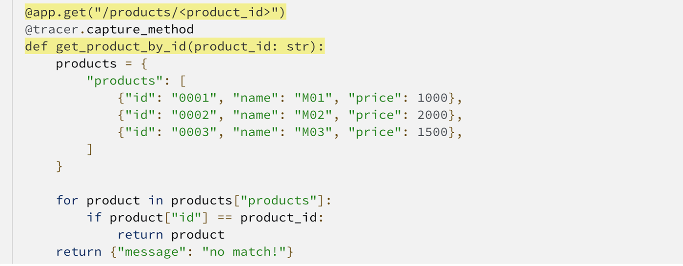 Screenshot of a Python code snippet using AWS Lambda Powertools. The code defines a REST API endpoint that retrieves product details by product ID, iterating through a list of products and returning a matching product or a 'no match' message.