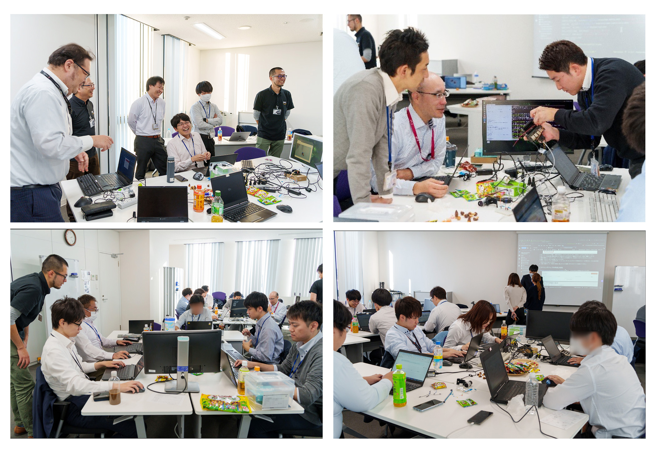 A collage of photos showing groups of engineers collaborating, discussing, and working on laptops and devices in a bright office during the TIIS Engineer Challenge Mindset workshop. The images capture teamwork, problem-solving, and an interactive environment with computers, snacks, and technical equipment visible on the desks.