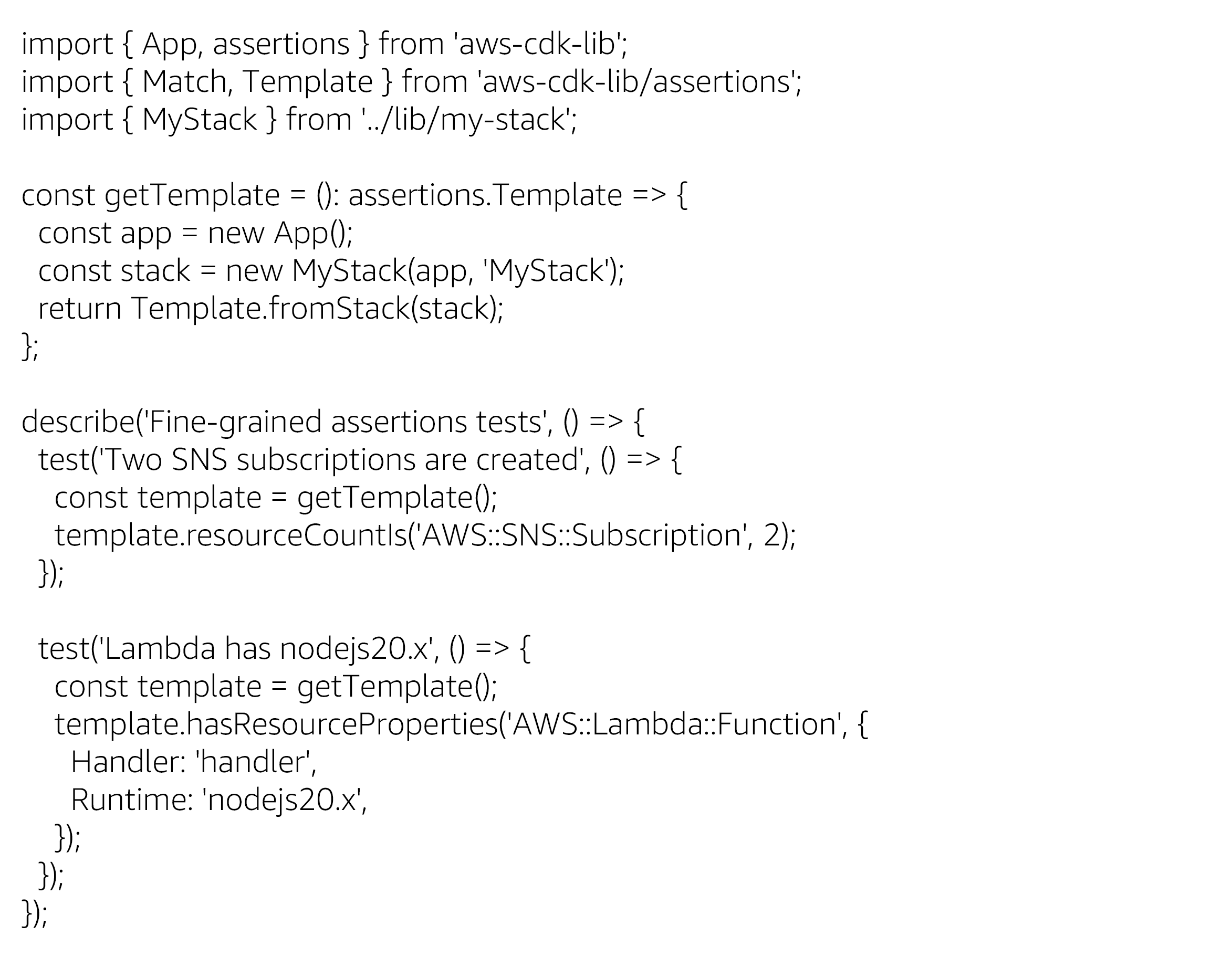 Screenshot of TypeScript code demonstrating unit tests for AWS Cloud Development Kit (CDK) using fine-grained assertions. The sample tests check for the creation of two SNS subscriptions and verify a Lambda function's runtime is nodejs20.x.