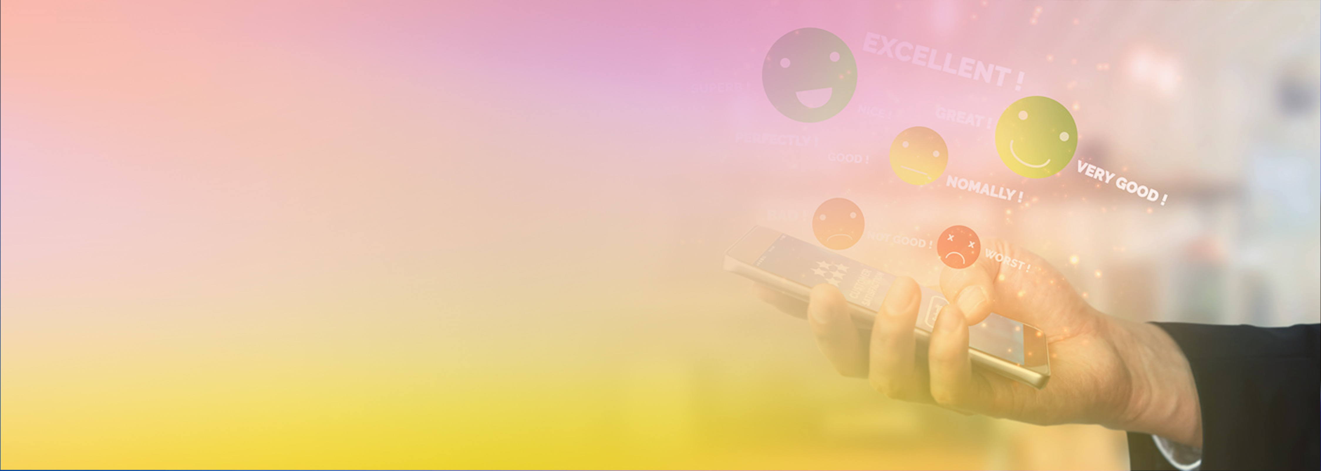 A hand holding a smartphone with colorful smiley face icons and positive feedback words like 'EXCELLENT' and 'VERY GOOD' floating above, symbolizing customer feedback or user experience, with a pastel gradient background.