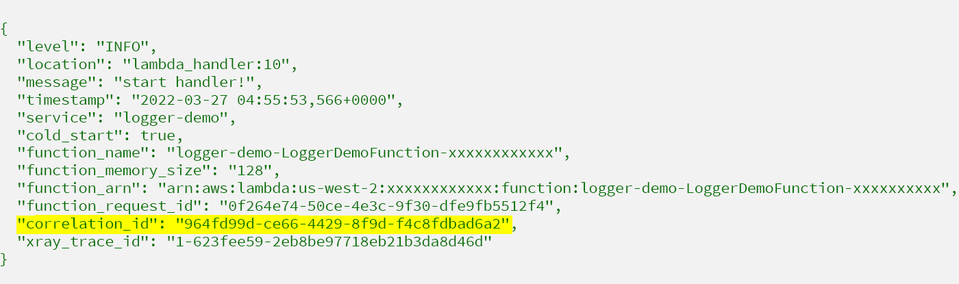 A screenshot showing a JSON log output example from AWS Lambda Powertools for Python, including fields such as level, location, message, timestamp, service, function_name, function_memory_size, function_arn, function_request_id, correlation_id, and xray_trace_id. The correlation_id field is highlighted.