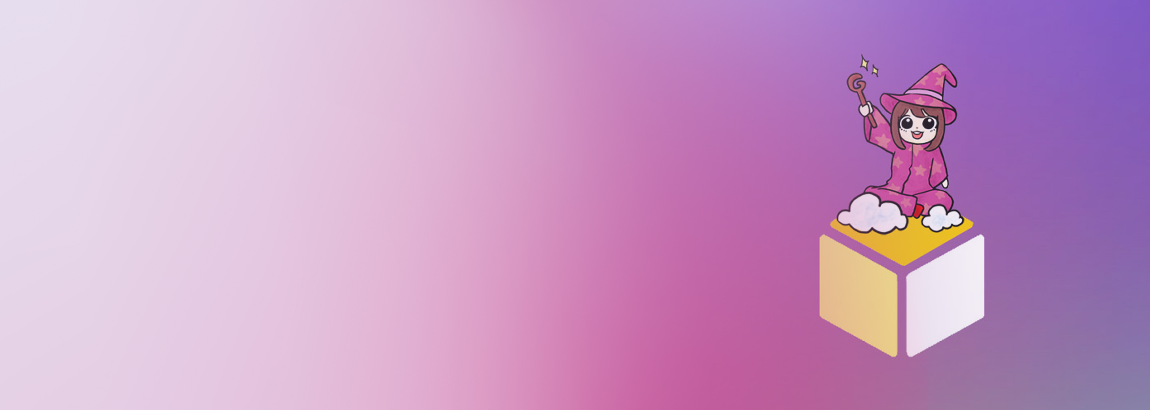 A whimsical illustration of a cartoon wizard character in a pink robe and hat, holding a wand, sitting on a cloud above a yellow-and-white 3D block, on a pink and purple gradient background. This image is used for EKS Terraform developer content in Japanese.