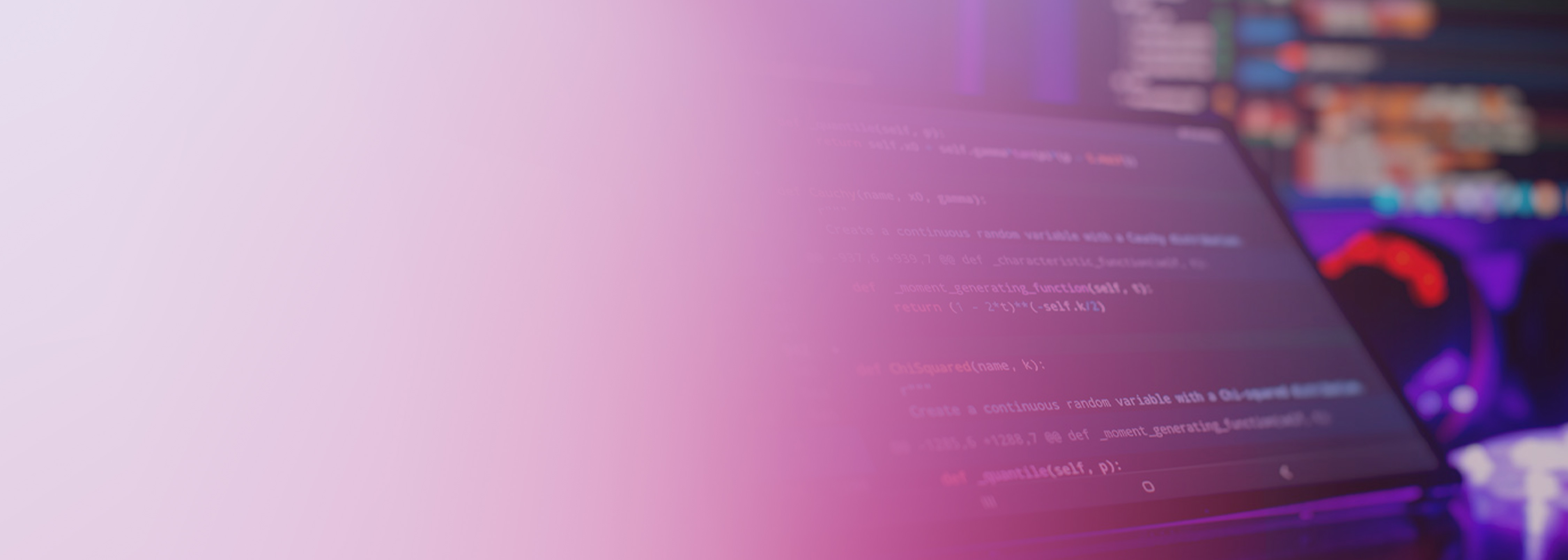 An abstract image featuring a blurred overlay of code on a screen with a purple and pink gradient, highlighting a developer environment and the theme of using AWS CodeWhisperer.