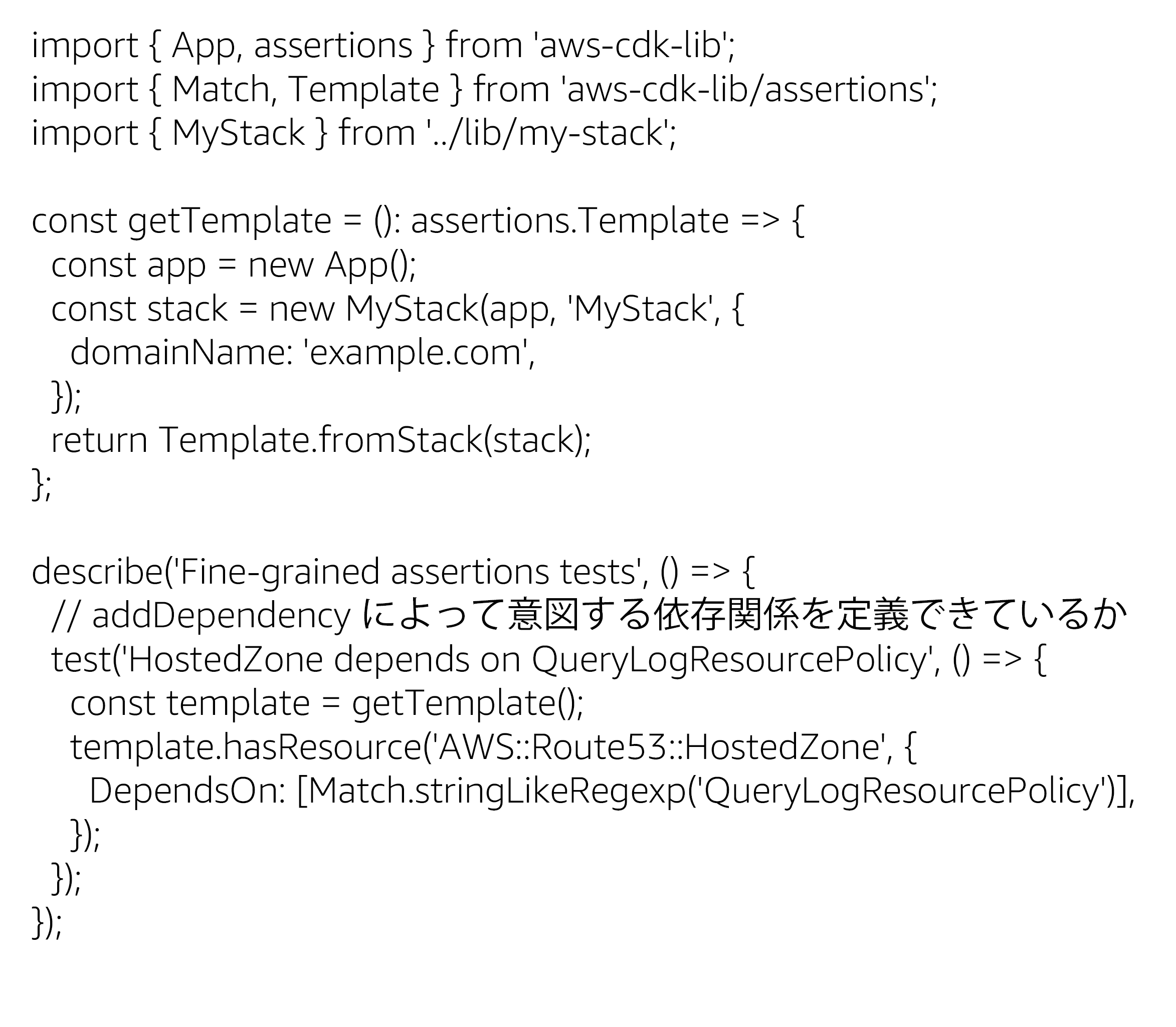 Screenshot of a unit test for AWS CDK (Cloud Development Kit) using fine-grained assertions. The code imports required modules, sets up a template, and tests if an AWS Route53 HostedZone resource depends on QueryLogResourcePolicy using addDependency. The test includes both English and Japanese comments explaining the dependency check.