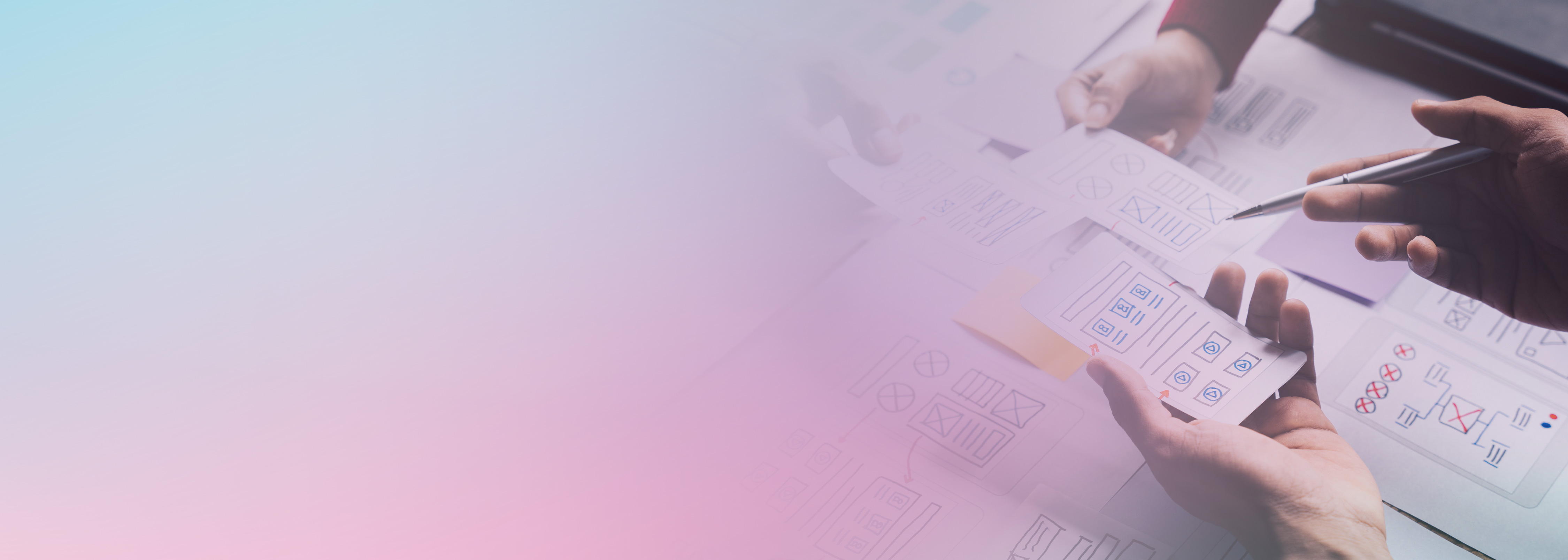 Two people collaborating on web application design using printed wireframe sketches and a Lambda Web Adapter workflow, with a soft blue and pink gradient overlay.