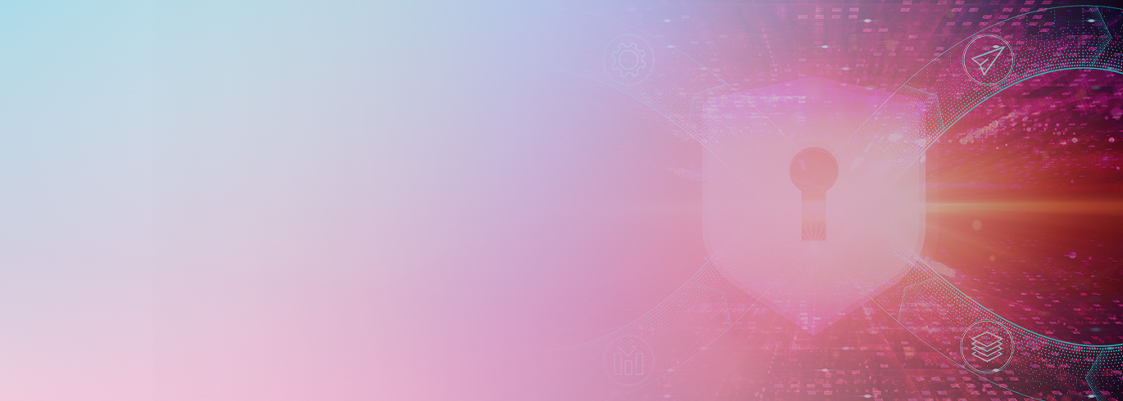 Abstract image with a digital shield and keyhole representing security in a DevSecOps pipeline, featuring pink and blue gradients and tech icons.