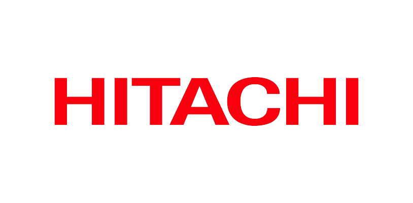 The Hitachi logo with bold red letters on a black rectangle background.