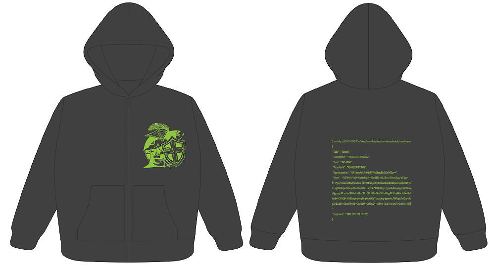 Front and back view of a black hoodie featuring an AWS security themed design. The front displays a green illustration of a security knight with shield, while the back shows green code text related to security, symbolizing cybersecurity and AWS security best practices.