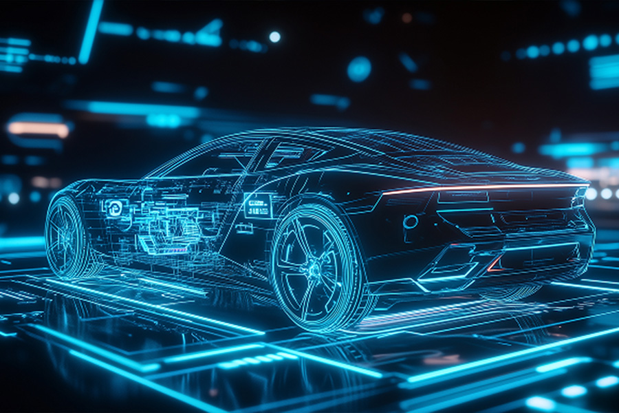 A digital blueprint illustration of a modern sports car in neon blue lines, representing advanced automotive technology and innovation. Showcased as a highlight for the AWS Summit Japan 2025 Expo.
