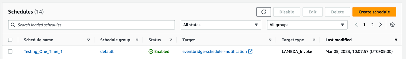 Screenshot of the AWS EventBridge Serverless Scheduler console, showing a list of schedules with details such as schedule name, group, status, target, target type, and last modified date.