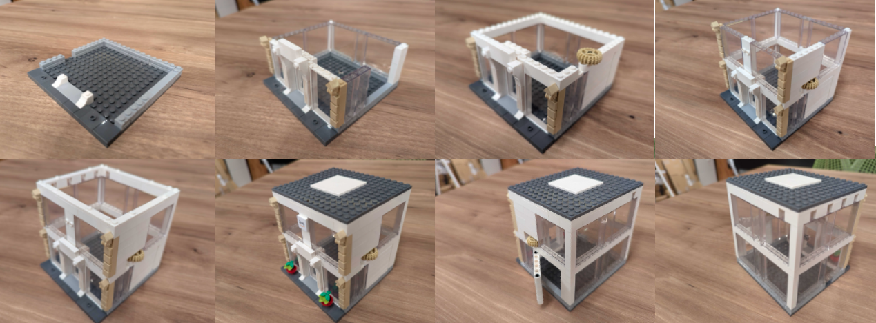 Step-by-step construction of a smart sustainable building model using LEGO bricks, displayed in eight stages on a wooden surface.