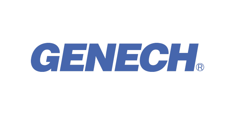 The logo for GENECH, featuring bold blue letters on a transparent background.