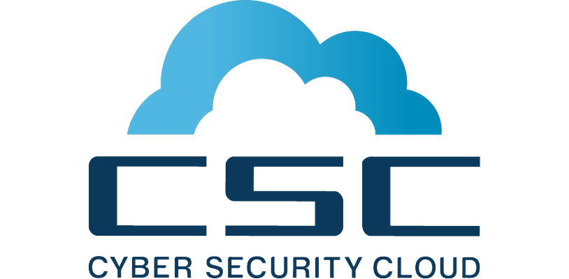 Logo of Cyber Security Cloud (CSC) featuring a stylized blue cloud above bold letters 'CSC' and the text 'CYBER SECURITY CLOUD' underneath.