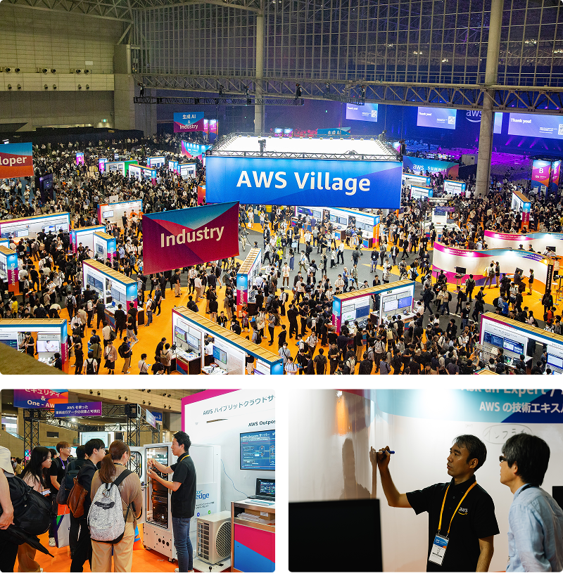 Large crowd and multiple industry booths at the AWS Summit 2025 Expo, with attendees visiting exhibition areas and AWS Village signage visible.