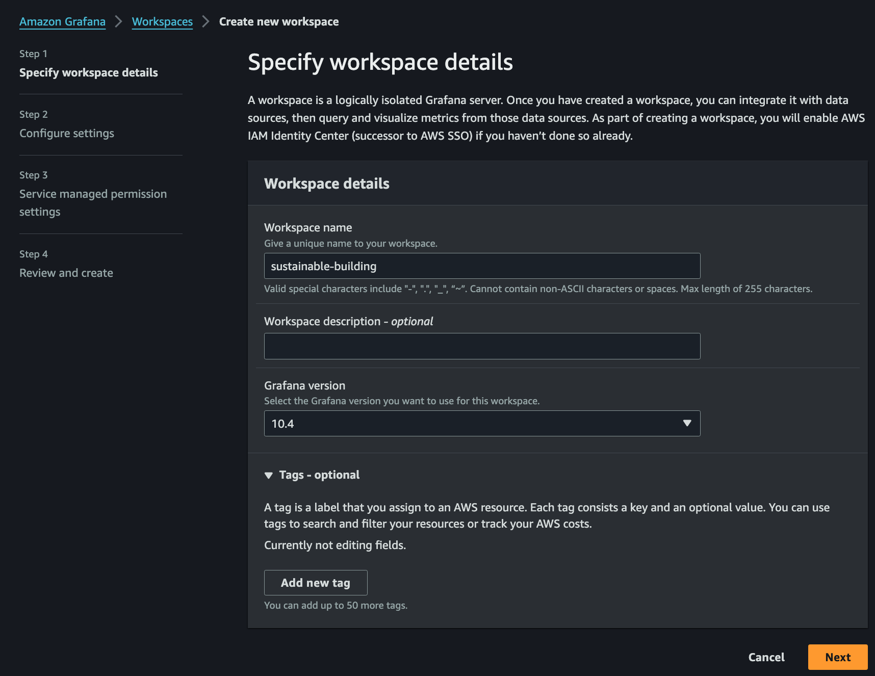 Screenshot showing the 'Specify workspace details' step during the creation of a new Amazon Grafana workspace in the AWS Management Console. The workspace is named 'sustainable-building' and the selected Grafana version is 10.4.
