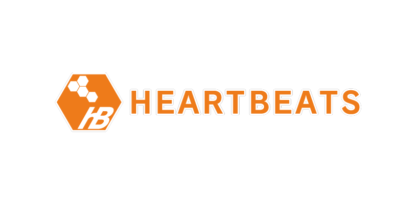 Logo for HEARTBEATS, featuring an orange hexagon with 'HB' and hexagonal motifs next to the text 'HEARTBEATS' in orange letters.