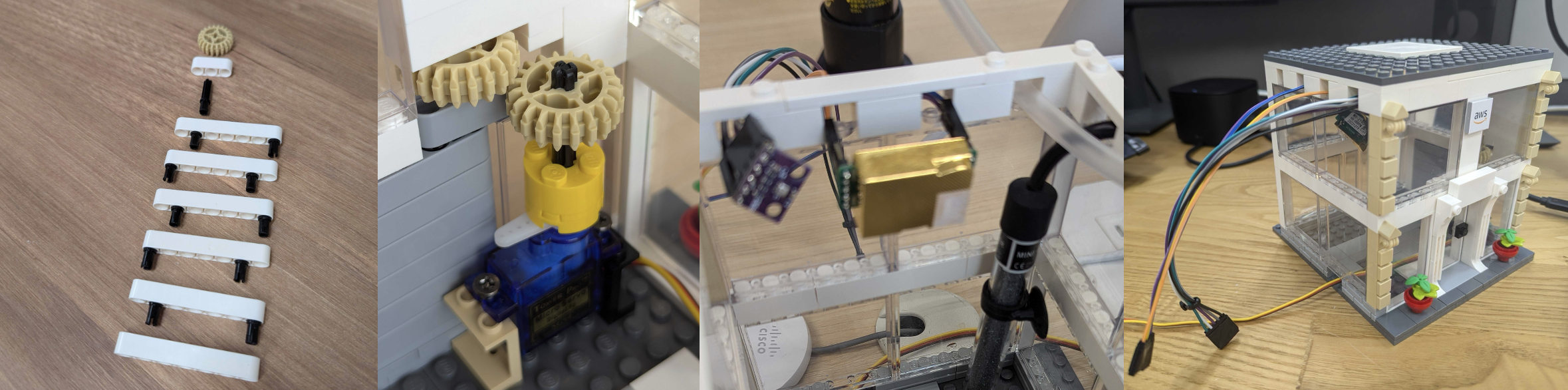 A series of images showcasing a LEGO building equipped with IoT components for a sustainable management demonstration. The images display step-by-step assembly, gear mechanisms, electronic sensors, and the completed LEGO building with AWS branding and wiring for IoT integration.