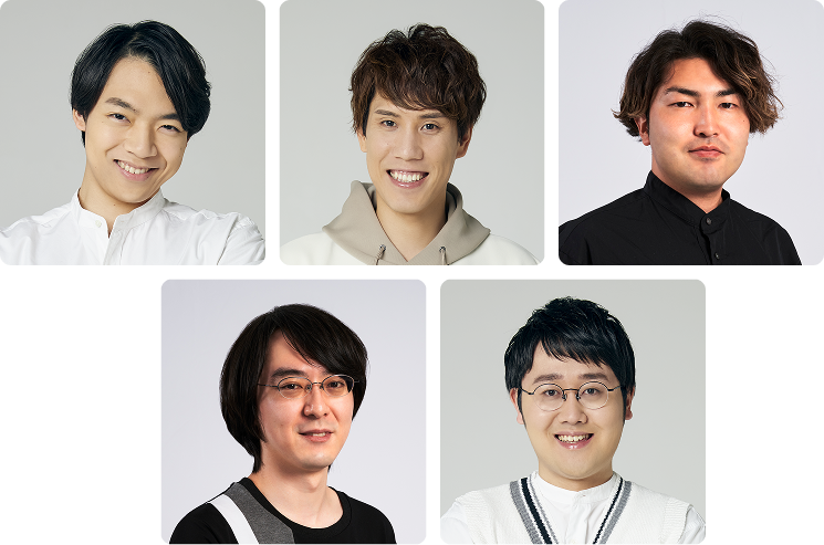 A group portrait of five individuals from QuizKnock, photographed for the AWS Summit 2025 event. The image features five people posed in a studio-style layout, each in their own frame, with neutral backgrounds.