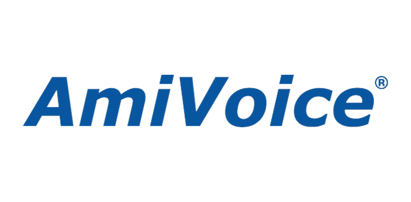 Logo for AmiVoice, featuring blue stylized text on a white background.