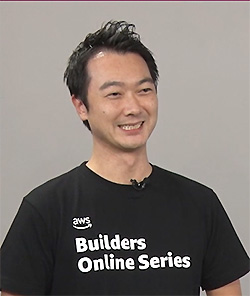 A profile picture of a person wearing a t-shirt with 'AWS Builders Online Series' printed on it, used for AWS events and online series promotions.