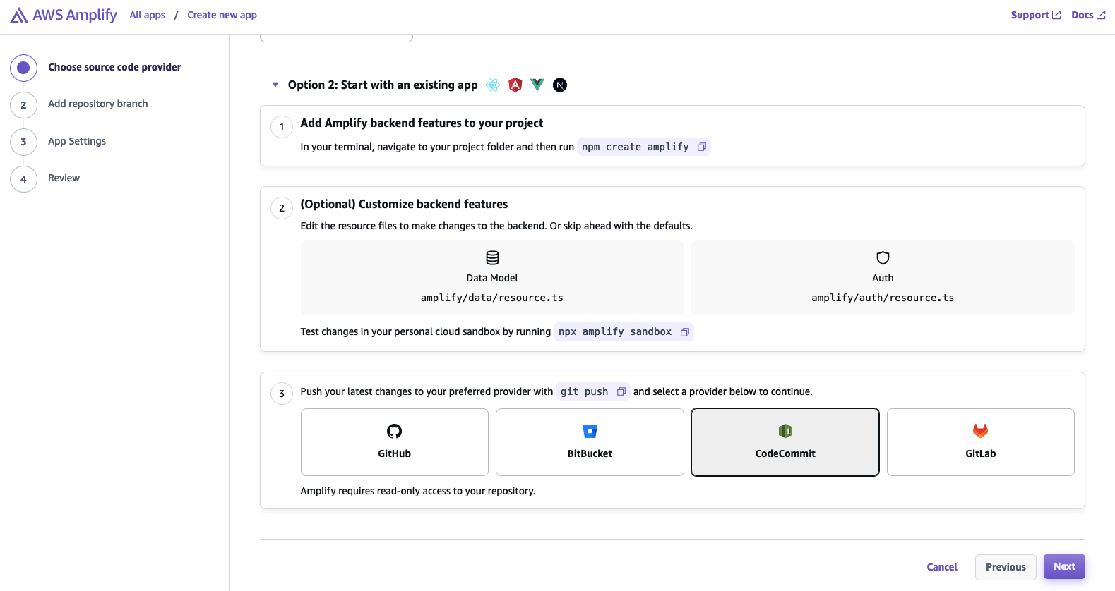 Screenshot of the AWS Amplify Gen 2 workshop interface showing the 'Choose source code provider' step. The interface displays options for starting with an existing app, adding Amplify backend features, customizing backend features, and pushing changes to source control providers like GitHub, BitBucket, CodeCommit, and GitLab.