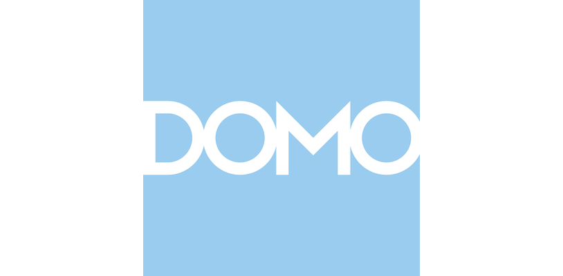 The image displays the Domo company logo, featuring the word 'DOMO' in white text within a light blue square.
