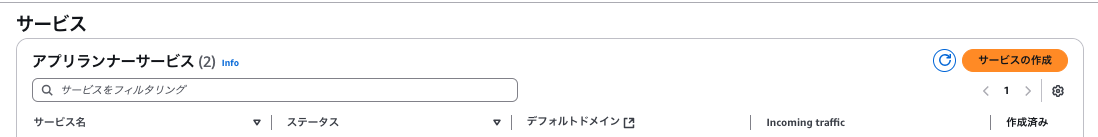 Screenshot of the AWS AppSync service list interface in Japanese, showing available application services and filter options.