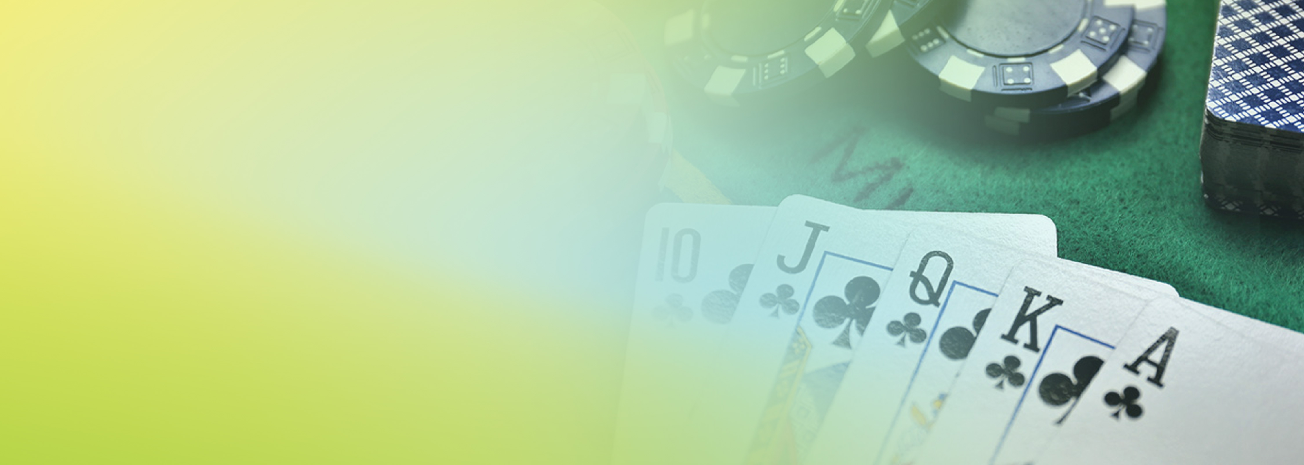 A close-up view of playing cards (10, J, Q, K, A of clubs) fanned out on a green card table with poker chips and a deck of cards, with a soft yellow-green gradient overlay. Represents a card game or casino theme.