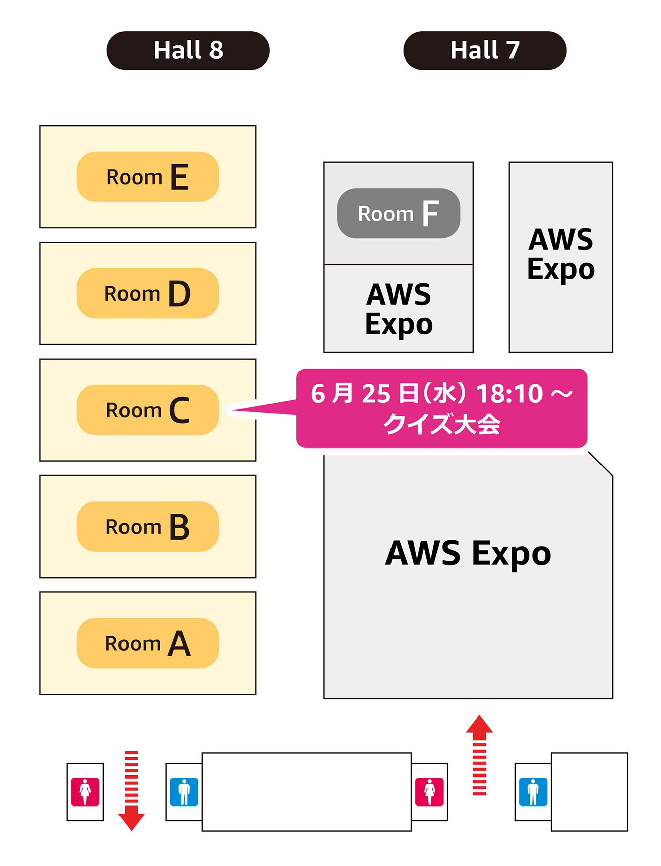 Floor map for an AWS event in Japan, showing the arrangement of rooms (A-E, F), AWS Expo areas, and hall locations (Hall 7 and Hall 8), with additional sign indicating a quiz competition on June 25 at 18:10.