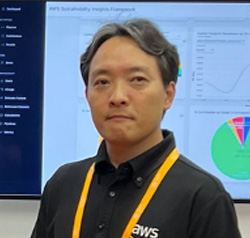 A person wearing an AWS-branded shirt and event lanyard standing in front of a screen displaying dashboard charts and graphs.