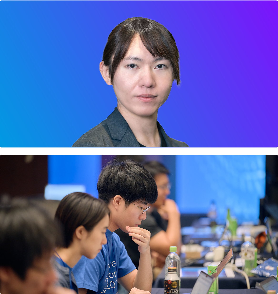 A composite image for the Generative AI Summit Japan 2025 featuring a speaker portrait against a blue and purple gradient background (top) and a group of participants engaging with their laptops and discussions during a workshop session (bottom).