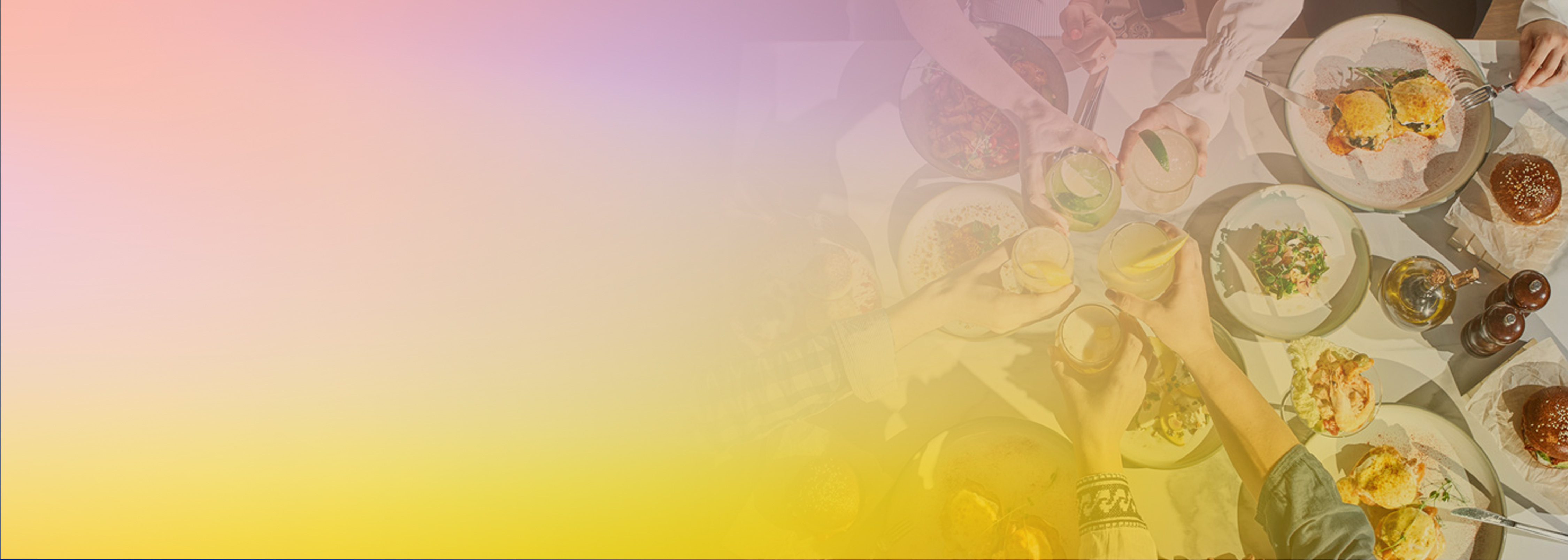 A group of people clinking glasses over a table full of food, overlaid with a pastel gradient. Used as a main visual for creating a PartyRock app event or page.