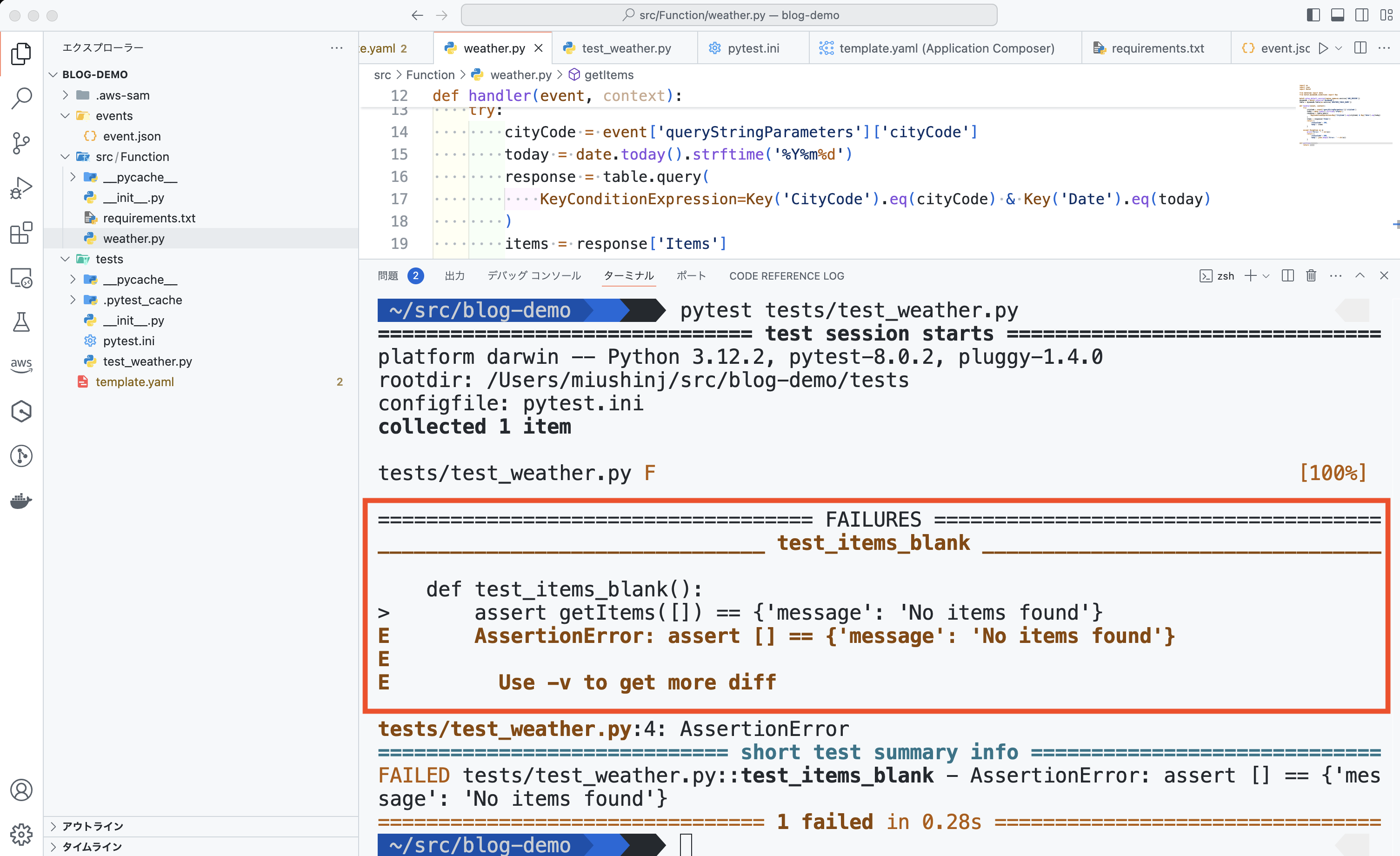 Screenshot of Visual Studio Code showing a failed pytest unit test (test_items_blank) for a weather API written in Python. The error output, test details, and relevant source code are visible, demonstrating an assertion failure and debugging process in a development environment.
