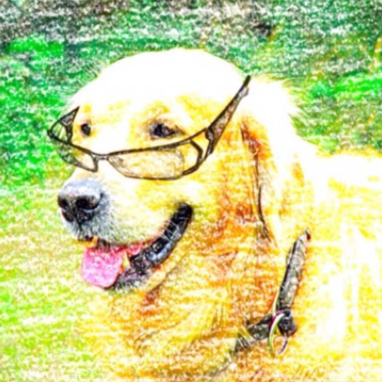 A sketch-style illustration of a golden retriever wearing glasses with a green background.