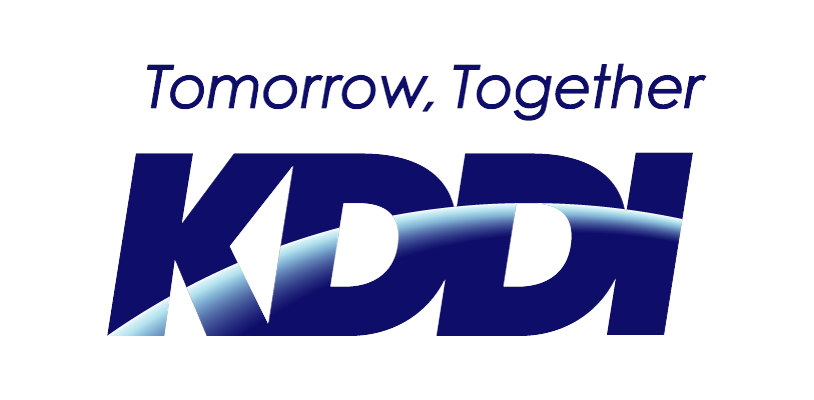 The KDDI logo with the slogan 'Tomorrow, Together' above it, featuring bold blue letters and a swoosh graphic.