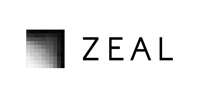 Pixelated ZEAL company logo with a gradient background on the left and large black text on the right
