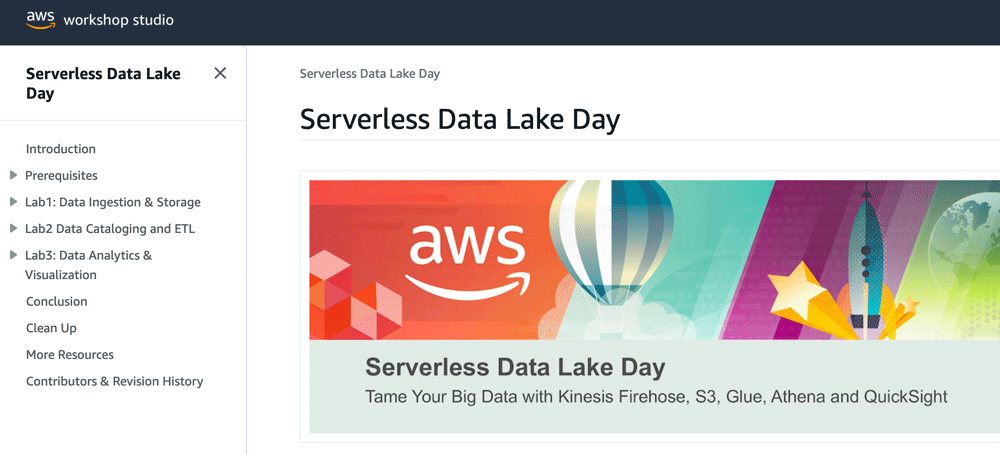 Screenshot of the AWS Serverless Data Lake Day Workshop overview page, featuring navigation for sessions on topics such as data ingestion, storage, cataloging, analytics, and visualization with services like Kinesis Firehose, S3, Glue, Athena, and QuickSight.