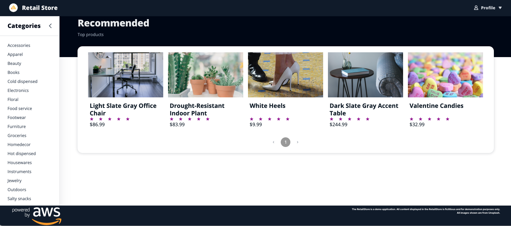 Screenshot of the AWS Retail Store demo application displaying a recommended products user interface with product categories on the left and featured items such as an office chair, indoor plant, white heels, accent table, and Valentine candies. Powered by AWS, this UI is for demonstration purposes.